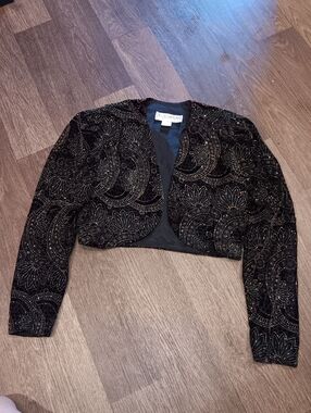 Vintage 90s Jessica Howard Black Cropped Bolero Jacket with Gold Beaded Paisley